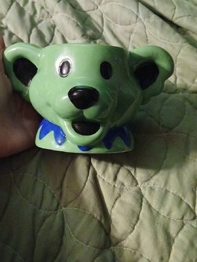Green Ceramic Bear-grateful Dead Coffee Cup  with Blue Collar Accent